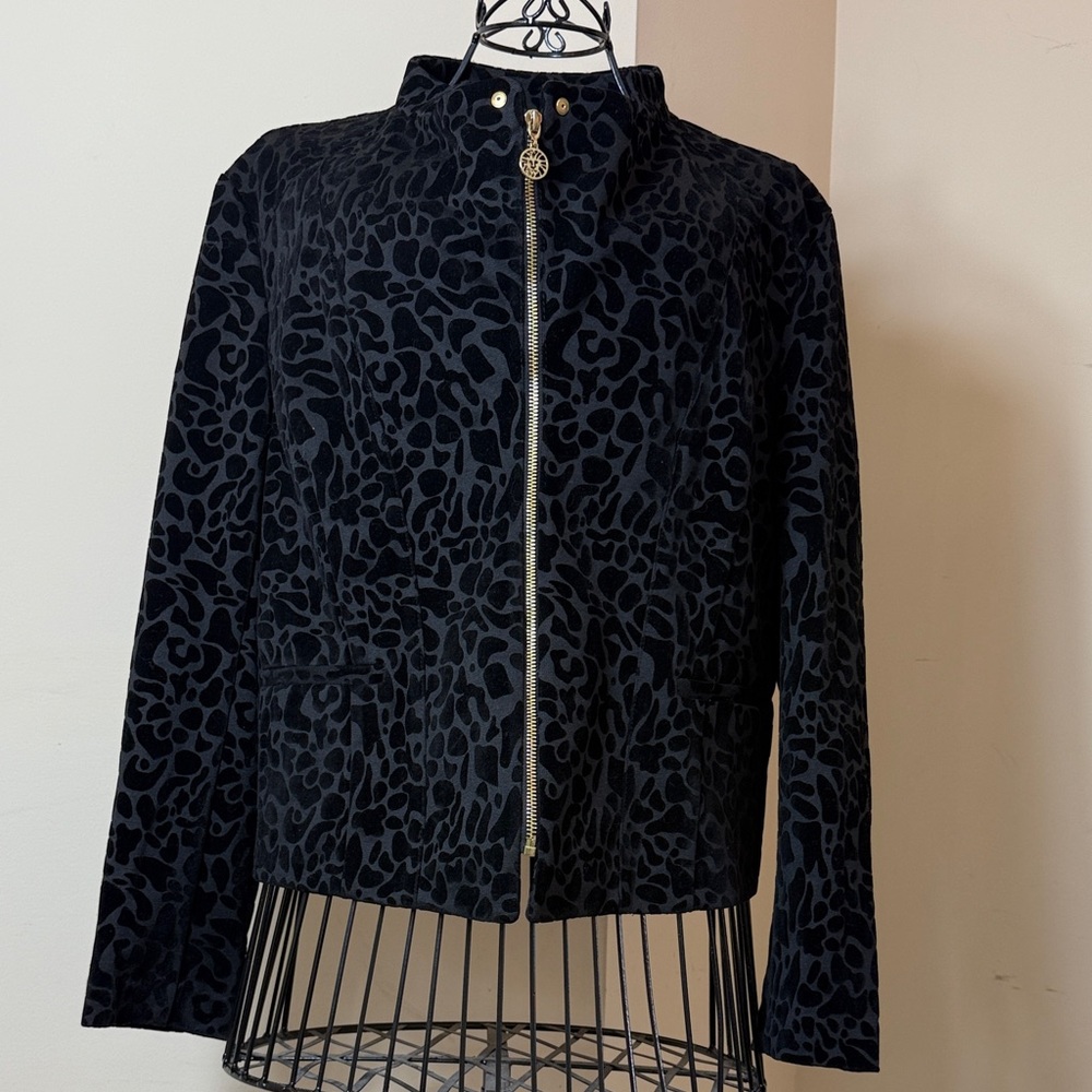 Anne Klein Black Patterned Bomber Jacket - Picture 4 of 15